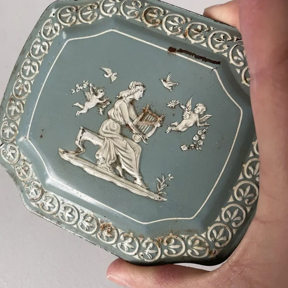 Vintage Container Tin Made in England Robin Egg Blue Greek Scenes 5